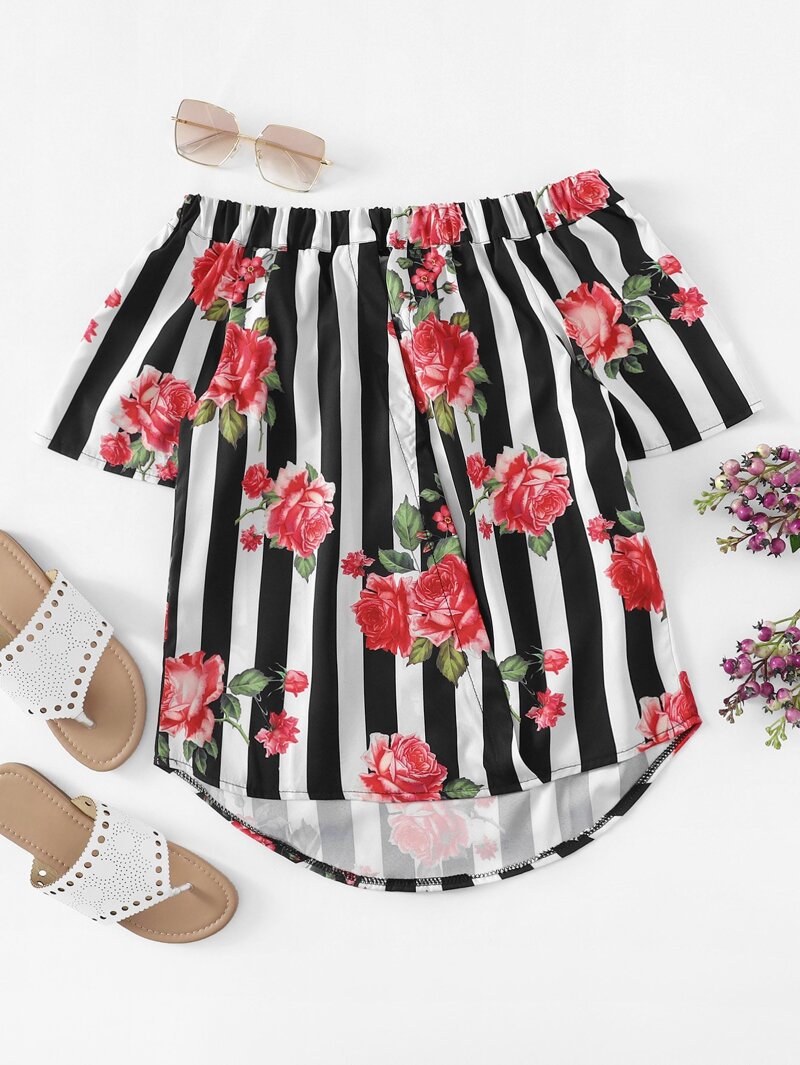 

Striped Off Shoulder Dip Hem Floral Blouse, Black and white