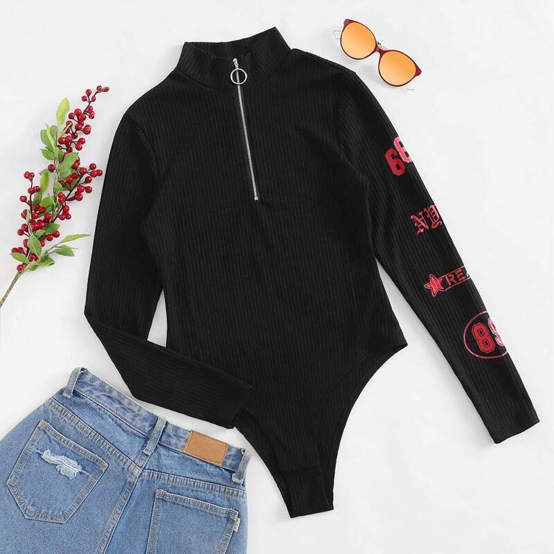 

Letter Print Ribbed Zip Up Bodysuit, Black