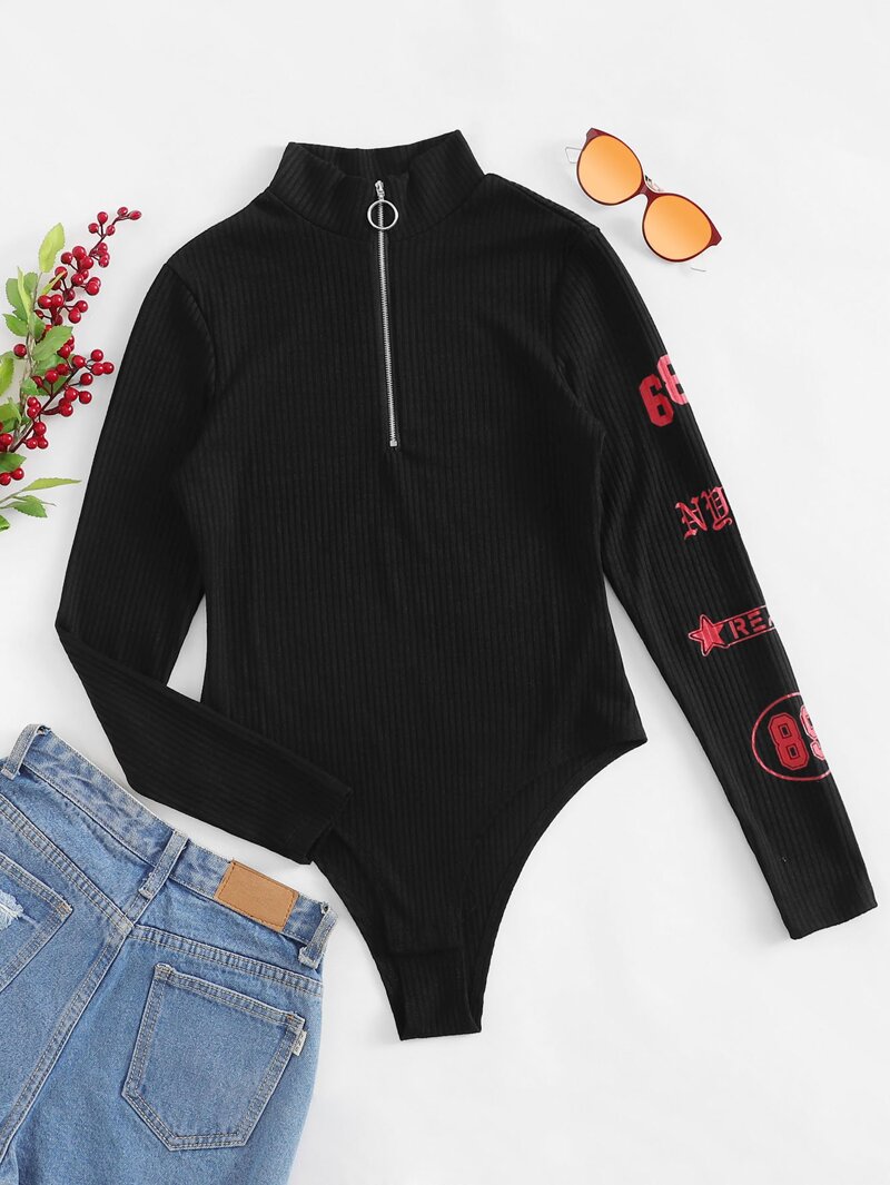 

Letter Print Ribbed Zip Up Bodysuit, Black