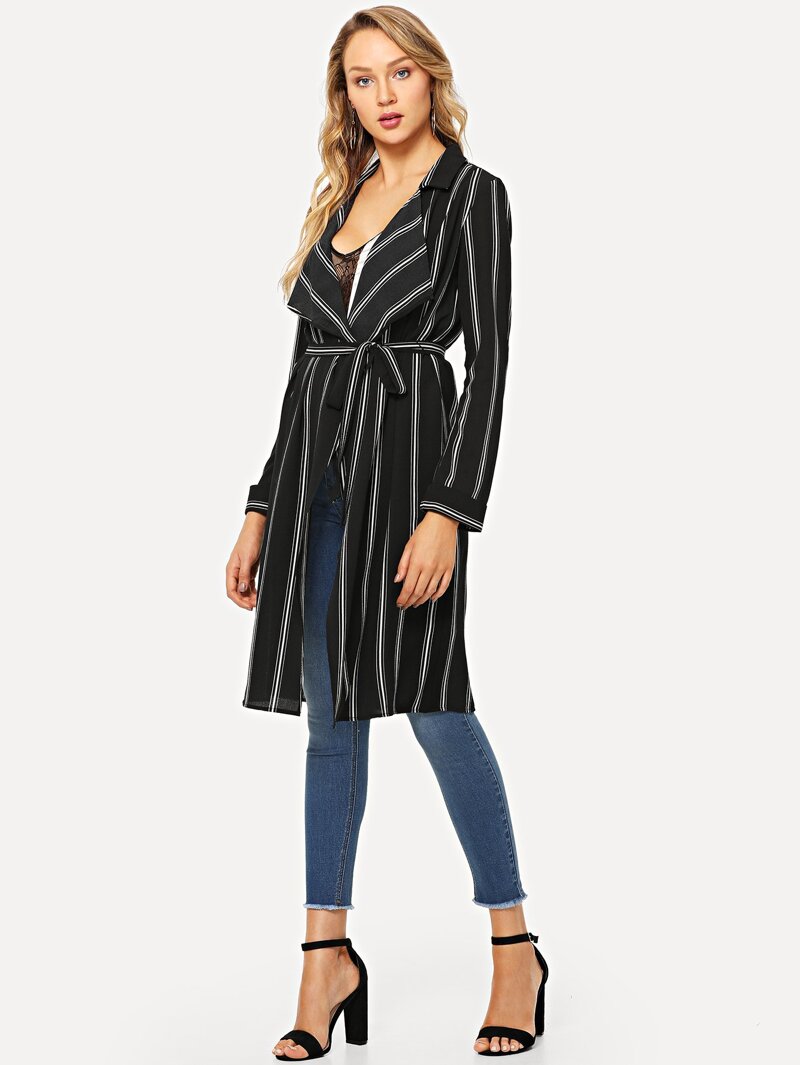 

Self Tie Waist Striped Coat, Black
