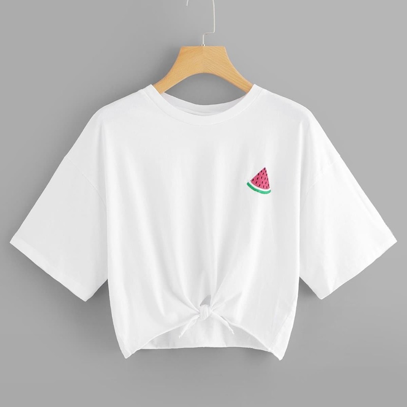 

Watermelon Embroidered Knot Hem Tee, White