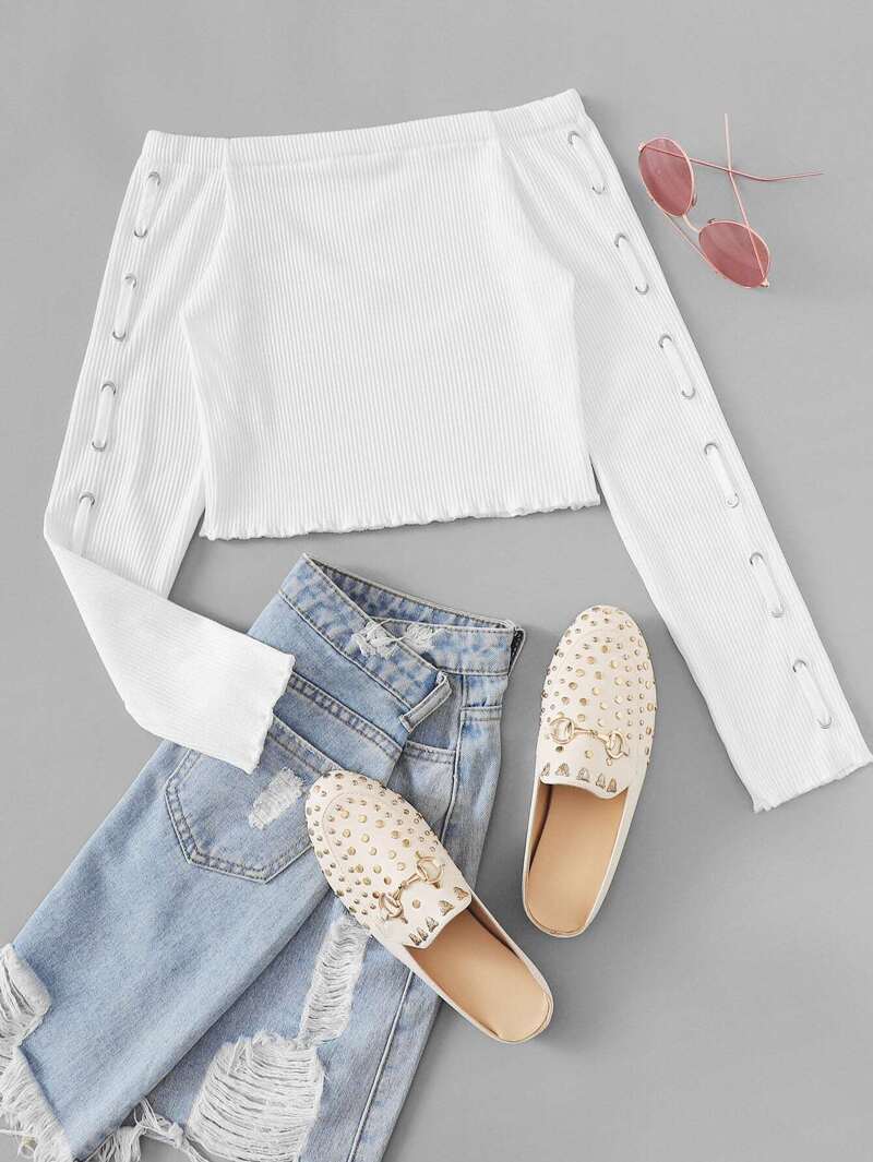 

Off Shoulder Ribbed Tee, White