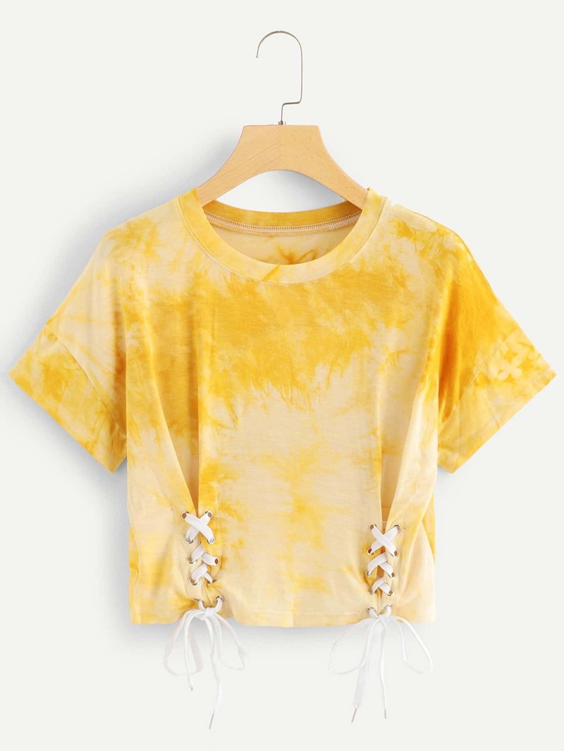 

Lace Up Tie Dye Crop Tee, Yellow