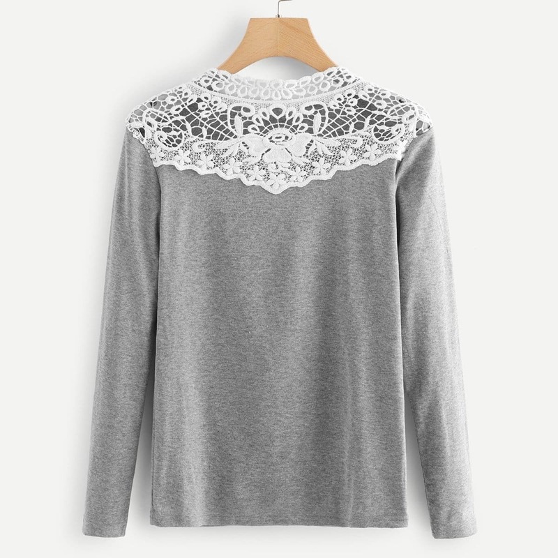 

Contrast Lace Panel Tee, Grey