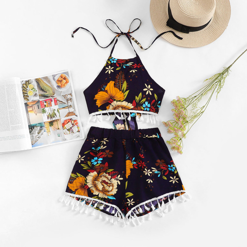 

Fringe Hem Floral Print Top With Shorts, Navy