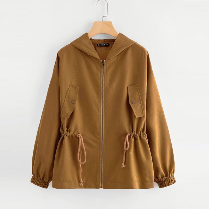 

Drawstring Waist Hooded Jacket, Brown