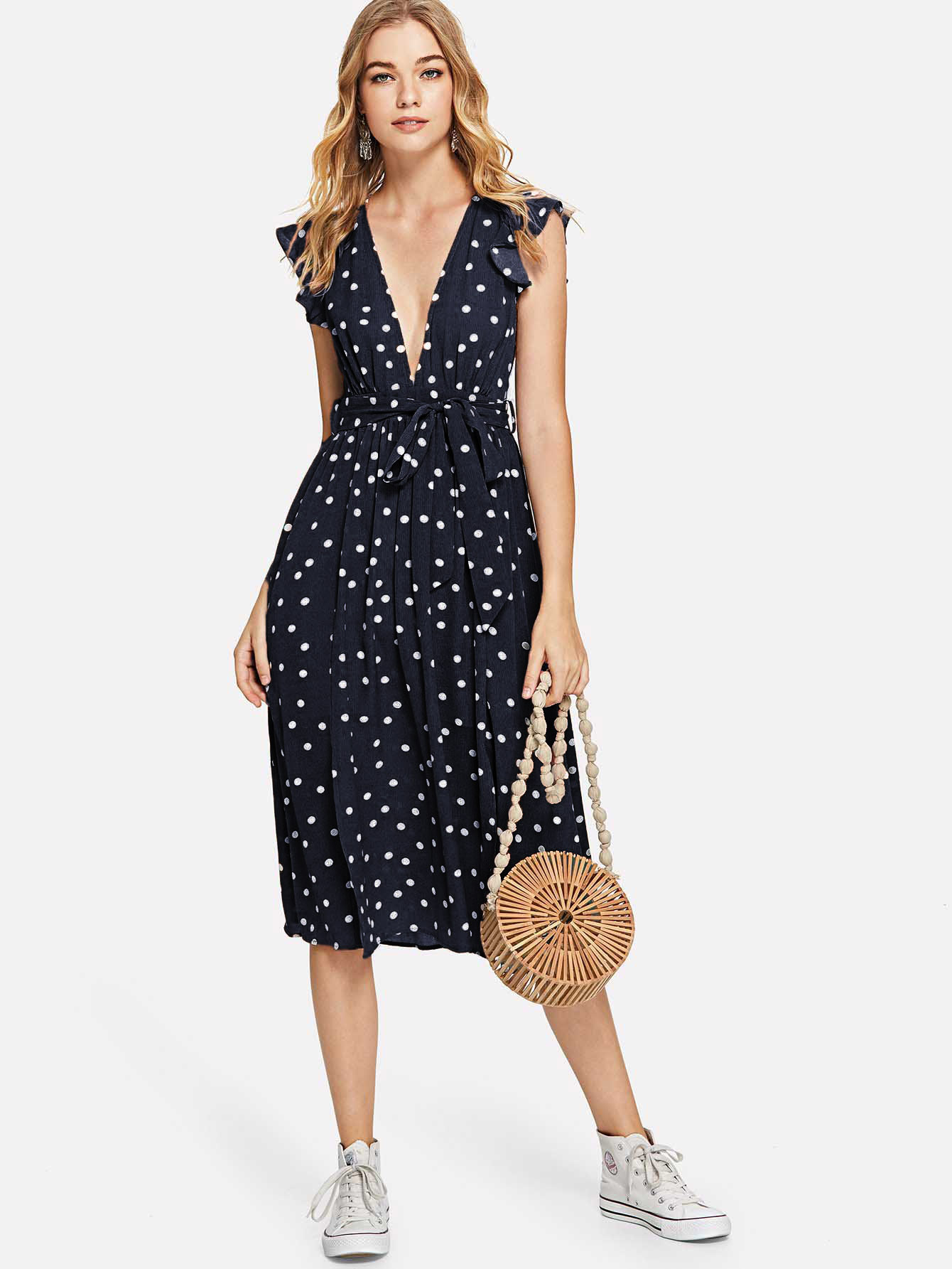 deep v neck belted polka dot dress -shein(sheinside)
