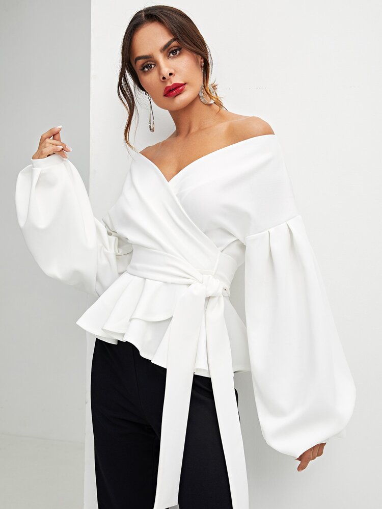 White Lantern Sleeve Surplice Belted Peplum Blouse
