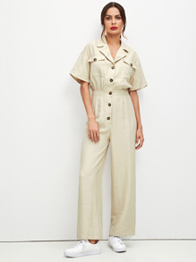 Button Up Front Pocket Patched Utility Jumpsuit