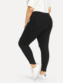 SHEIN Essnce Plus Ripped Front Asymmetrical Hem Jeans - Black - View 2