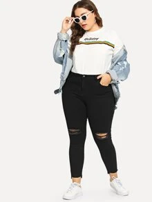 SHEIN Essnce Plus Ripped Front Asymmetrical Hem Jeans - Black - View 3