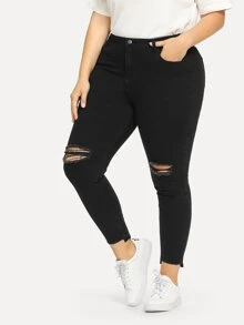 SHEIN Essnce Plus Ripped Front Asymmetrical Hem Jeans - Black - View 1