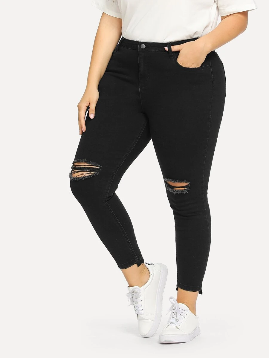 SHEIN Essnce Plus Ripped Front Asymmetrical Hem Jeans - Black - View 1