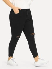 SHEIN Essnce Plus Ripped Front Asymmetrical Hem Jeans - Black - View 4