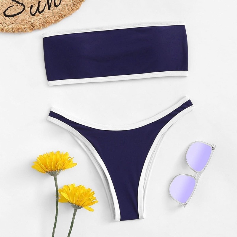 

Contrast Trim Top With High Cut Bikini Set, Navy