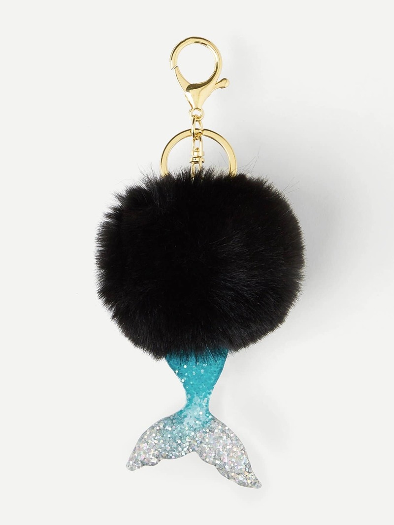 

Glitter Fishtail Pom Pom Keychain, Black