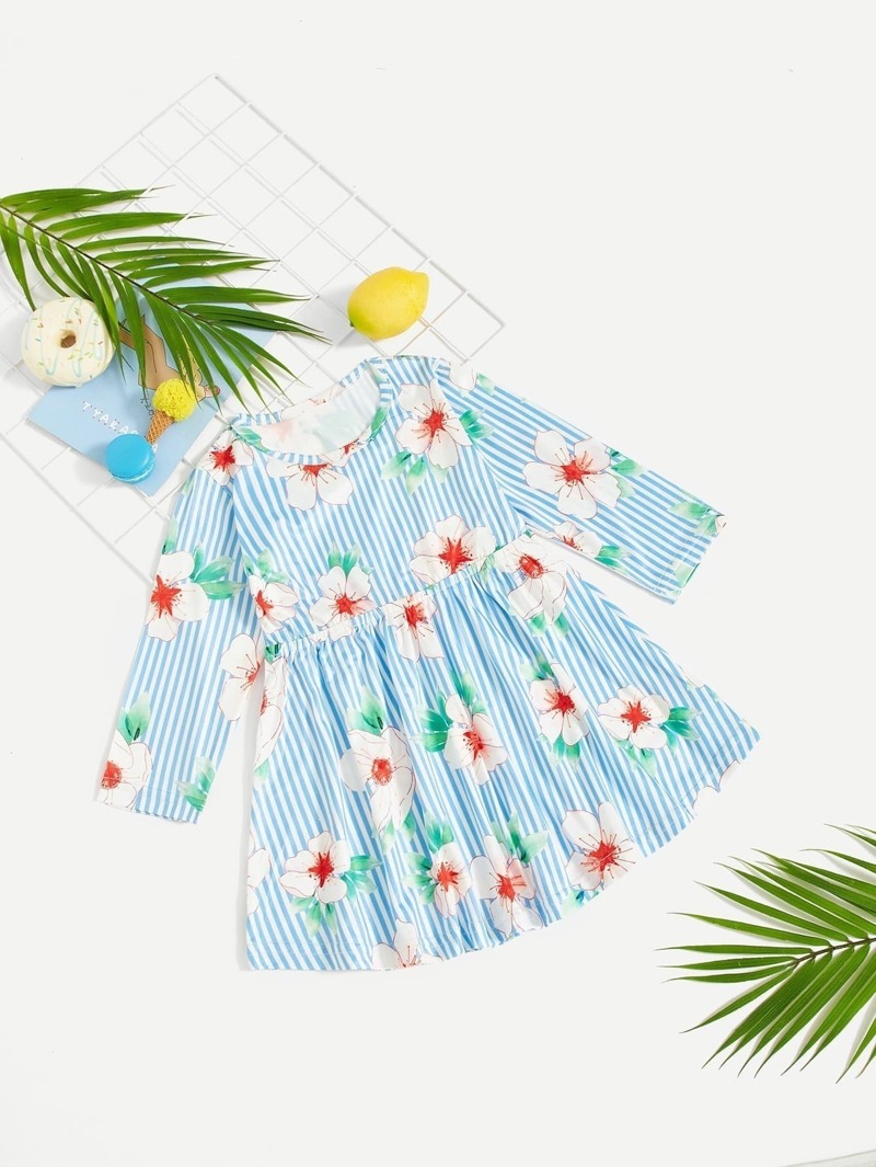 

Girls Floral Print Striped Dress, Blue