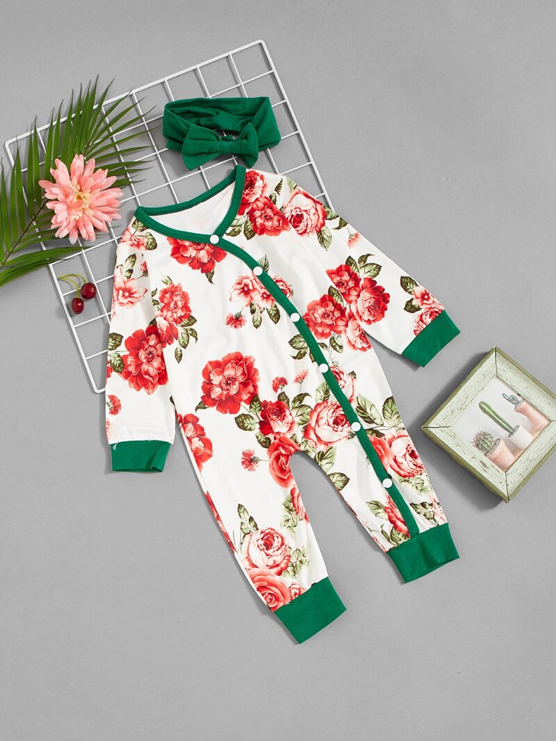 

Girls Floral Print Jumpsuit With Headband, Green