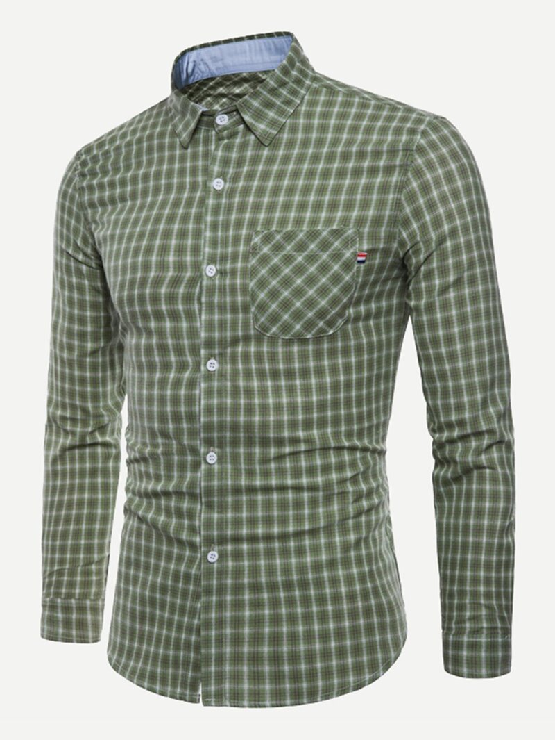 

Men Plaid Curved Hem Shirt, Green