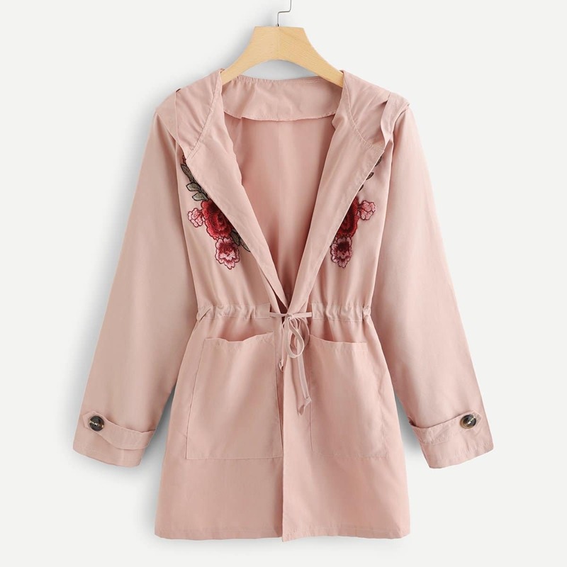 

Floral Embroidered Applique Drawstring Coat, Pink