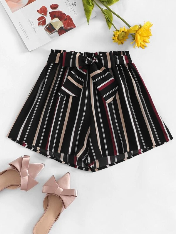striped self tie waist shorts