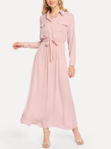 Single Breasted Drawstring Waist Solid Dress
