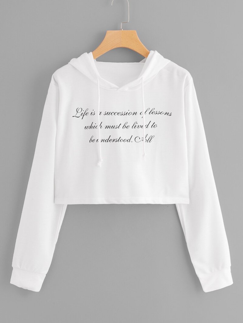 

Slogan Print Crop Hoodie, White