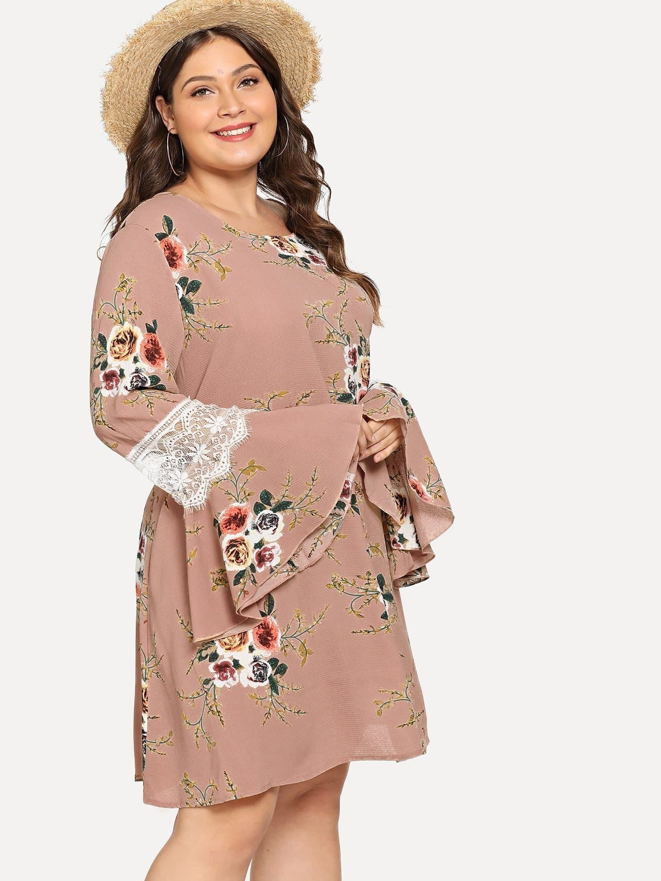 Plus Size Pink Lace Insert Bell Sleeves Maxi Dress