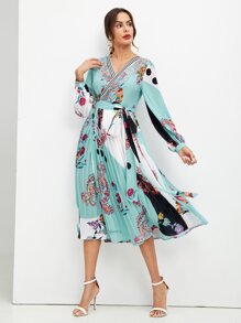Mixed Print Surplice Neck Pleated Belted Dress