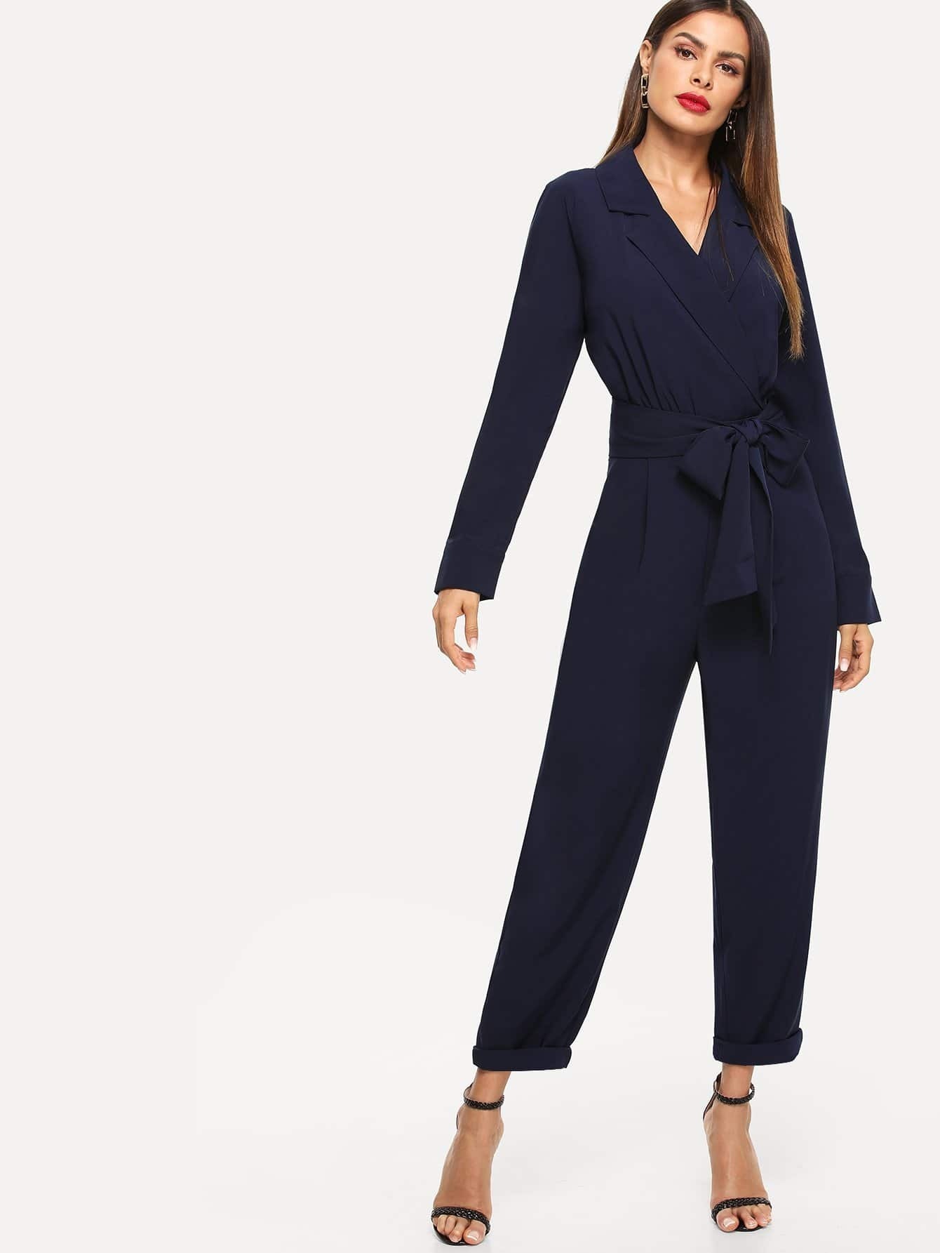 shein surplice neck self belted slant pocket jumpsuit