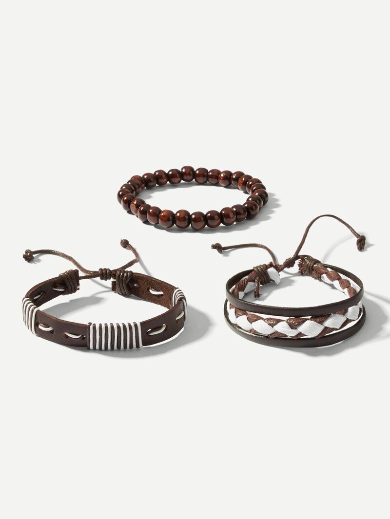 

Men Woven & Plaided Bracelet Set 3pcs, Brown
