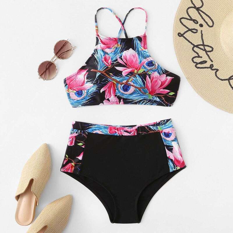 

Criss Cross Floral Top With High Waist Bikini Set, Multicolor