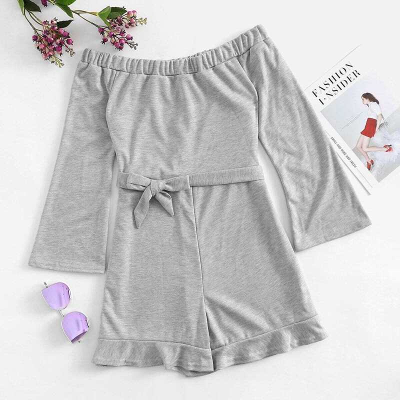 

Off Shoulder Self Tie Marled Knit Romper, Grey