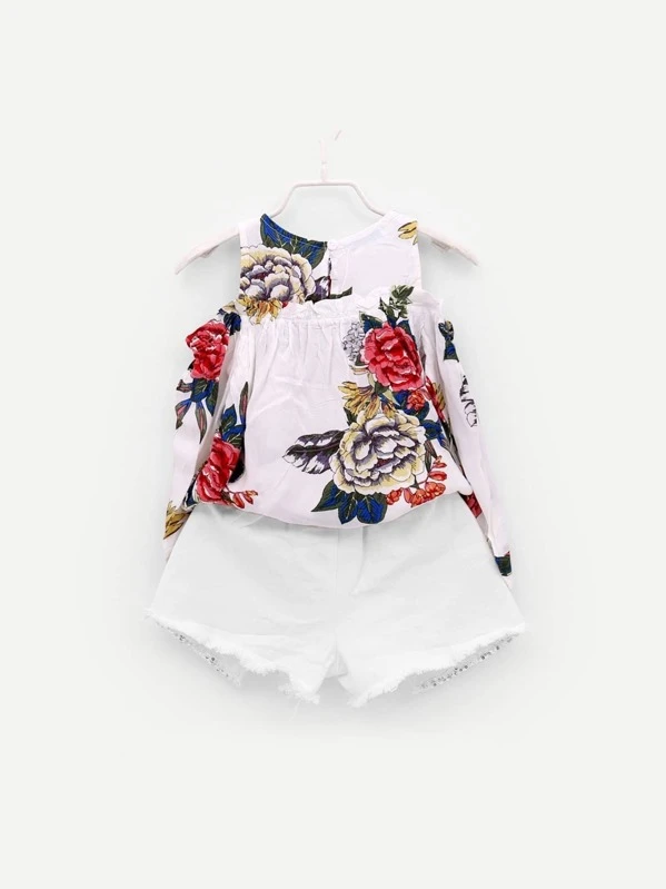 Top de niñas con estampado floral con shorts con lentejuelas Vestido camiseta con costura de lentejuelas en contraste