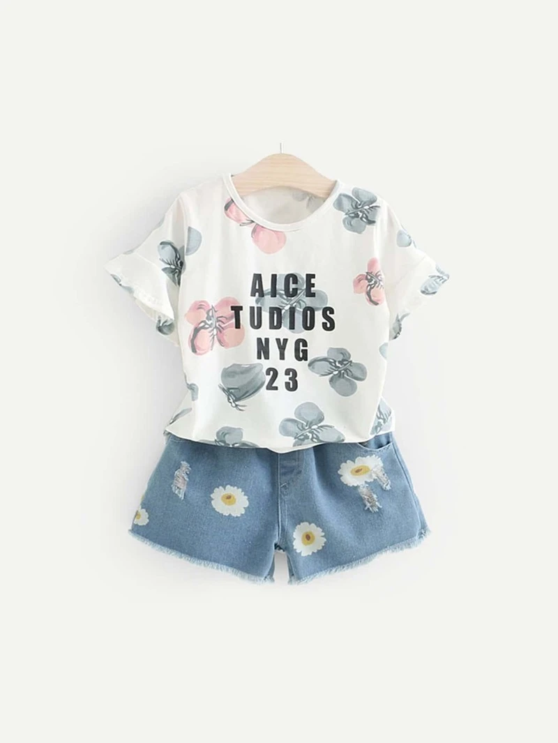 Shorts Con Camiseta Denim De Niñas Letras Y Estampado Flor pp71wqxE