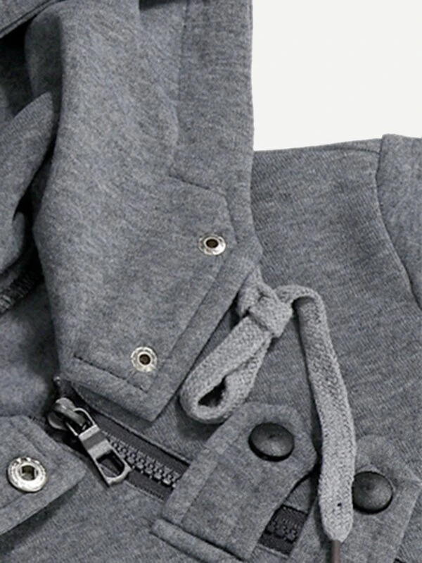 men zip decoration plain hooded sweatshirt