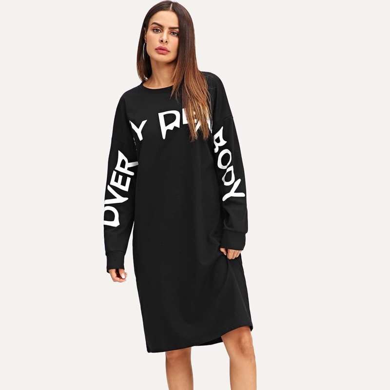 

Letter Print Drop Shoulder Sweat Dress, Black