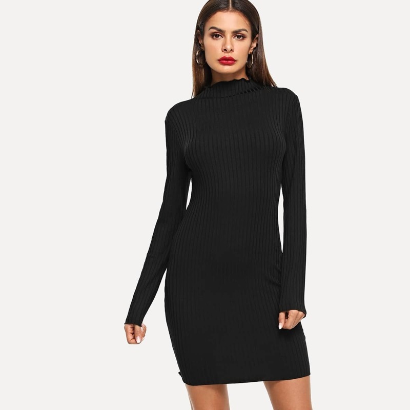 

Ribbed Solid Bodycon Dress, Black