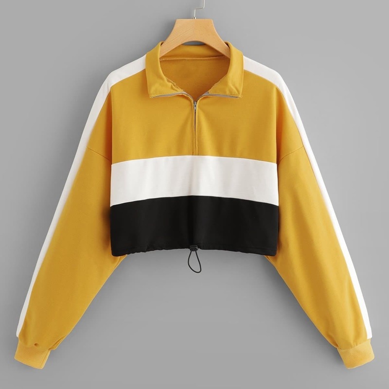 

Contrast Striped Drawstring Hem Crop Hoodie, Multicolor