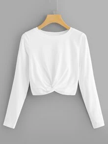Twist Hem Solid Tee - White - View 1