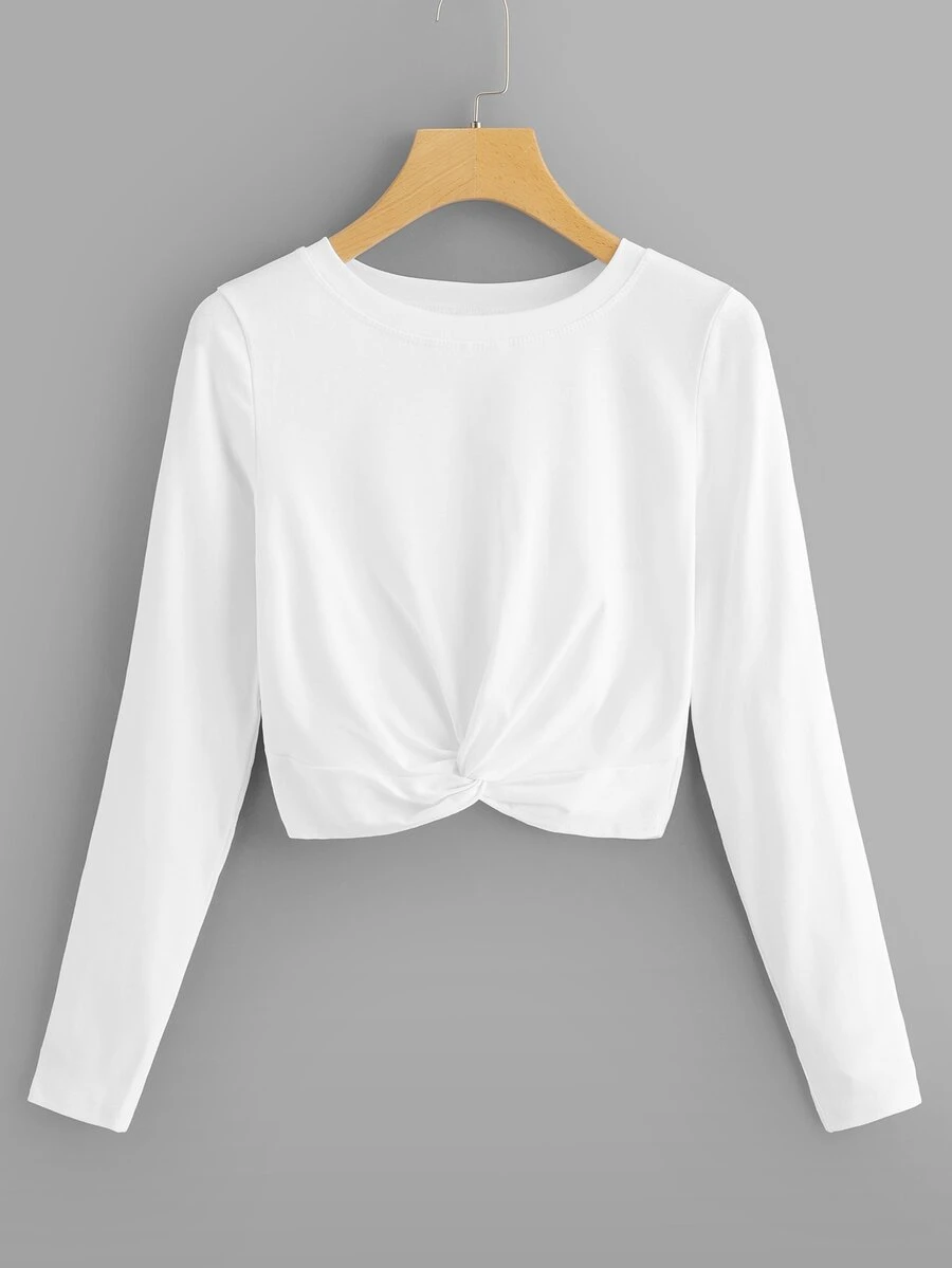 Twist Hem Solid Tee - White - View 1