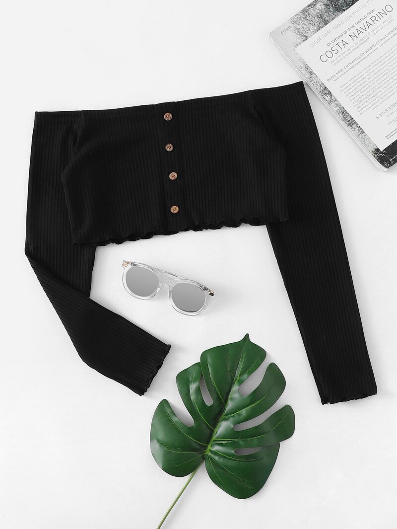 

Off Shoulder Button Decoration Tee, Black