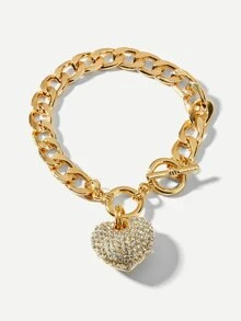 Rhinestone Heart Charm Chain Bracelet 1pc Valentines,Mom,Mother,Mother's Day,Gift - Yellow Gold - View 2