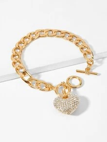 Rhinestone Heart Charm Chain Bracelet 1pc Valentines,Mom,Mother,Mother's Day,Gift - Yellow Gold - View 1