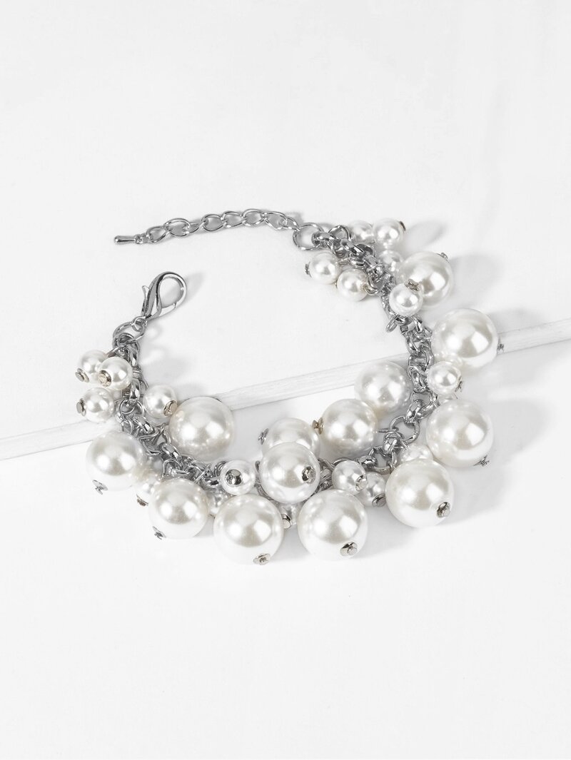

Faux Pearl Decorated Chain Bracelet, White