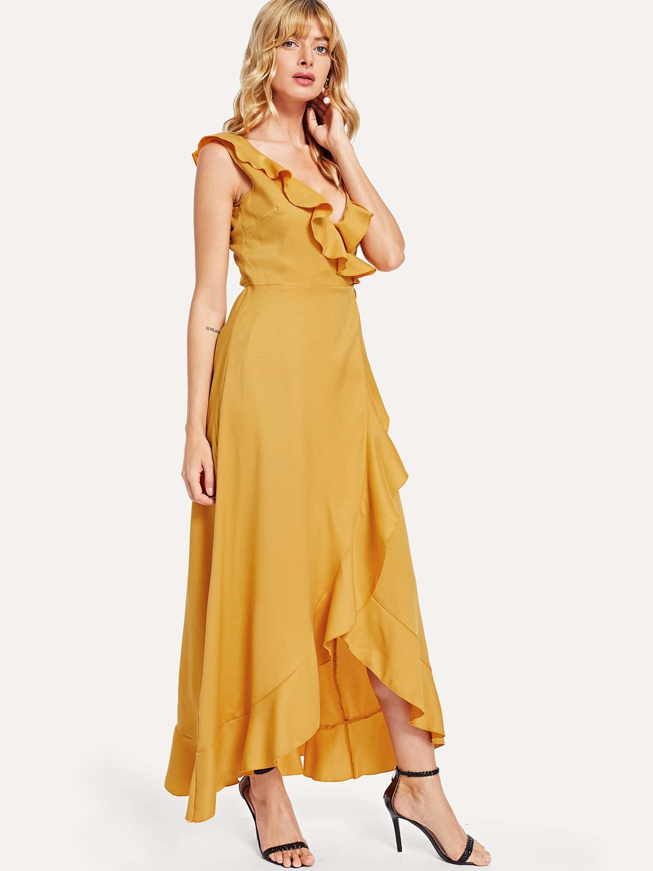 shein ruffle trim wrap dress