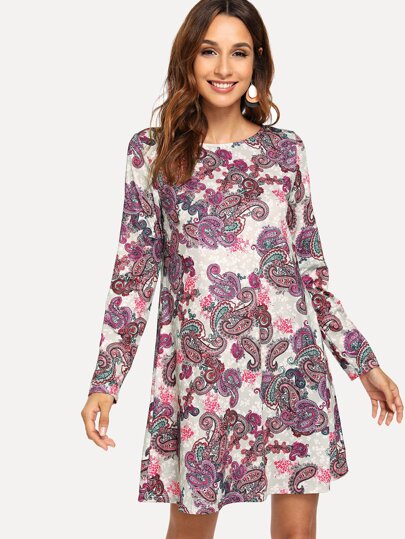 Ornate Print Round Neck Dress pictures