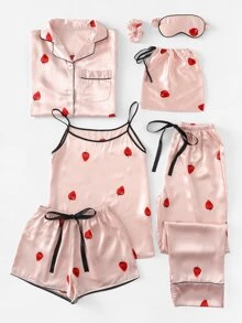 SHEIN 7pcs Strawberry Print Cami Pajama Set With Shirt - Baby Pink - View 1