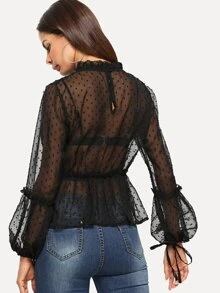 Dobby Mesh Balloon Sleeve Peplum Blouse - Black - View 2