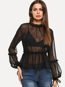 Dobby Mesh Balloon Sleeve Peplum Blouse - Black - View 3